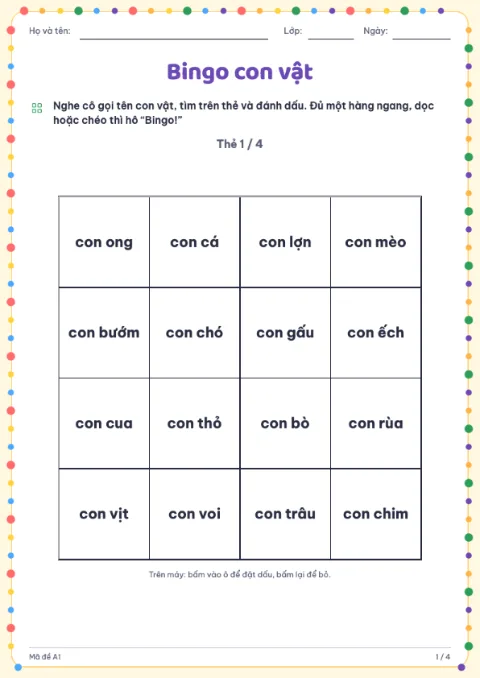 Bingo Cards Worksheet — 1