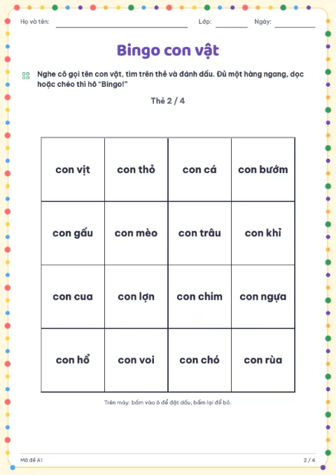Bingo Cards Worksheet — 2